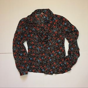 Free People Blue Red Floral Ruffle Trim Shirt